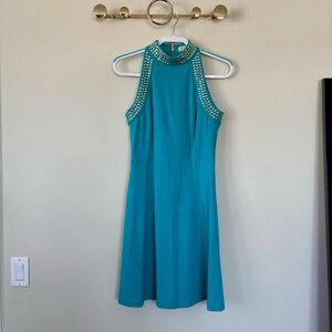 Teal Michael Kors Mock-Neck Dress with Studded Rhinestone Details&Exposed Zipper